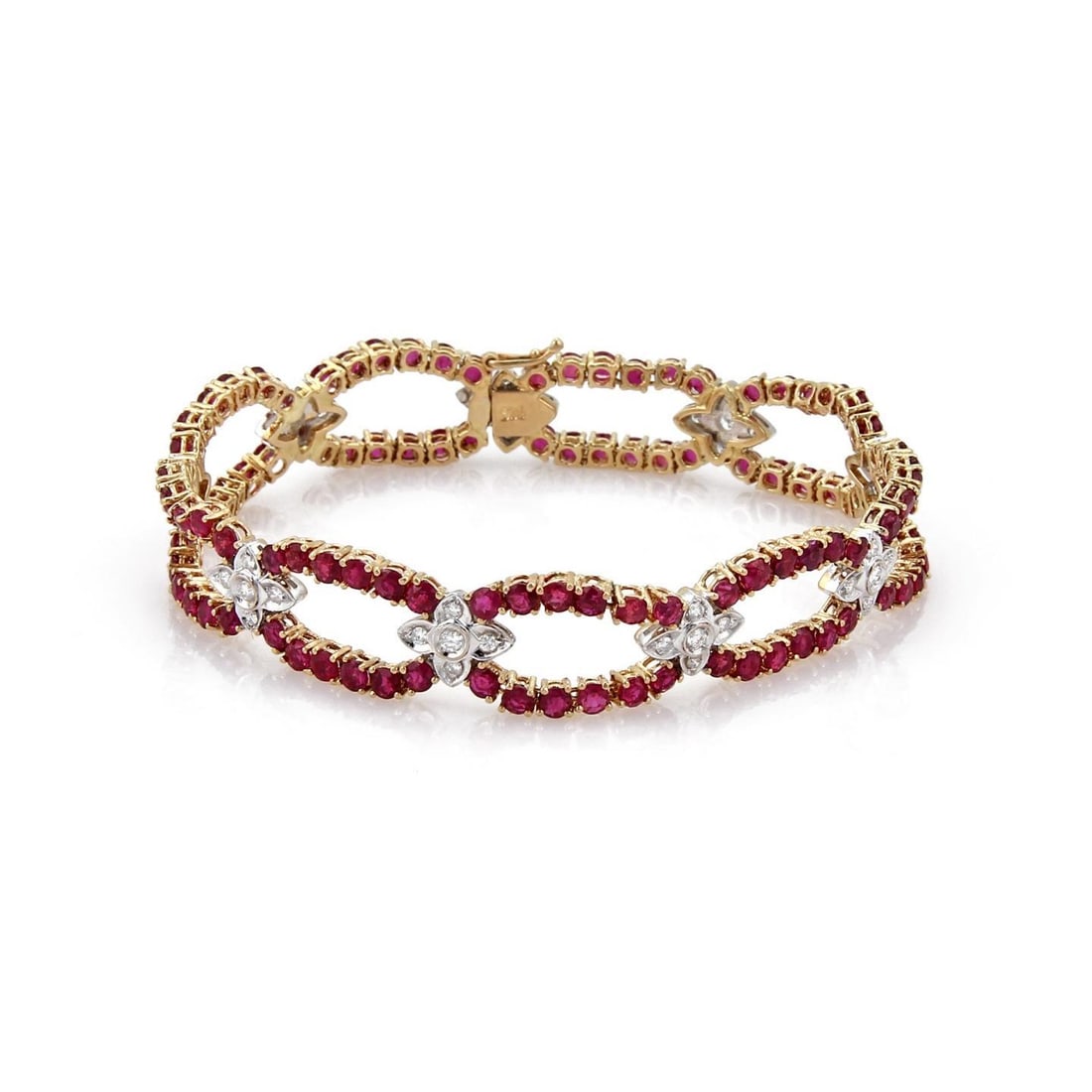 Elegant 18k Gold Floral Ruby Diamond Open Oval Bracelet 7.5ct: Elegant 18k Gold Floral Ruby Diamond Open Oval Bracelet 7.5ct This stunning modern bracelet showcases a unique design crafted from 18k yellow and white gold. It features alternating open oval links in