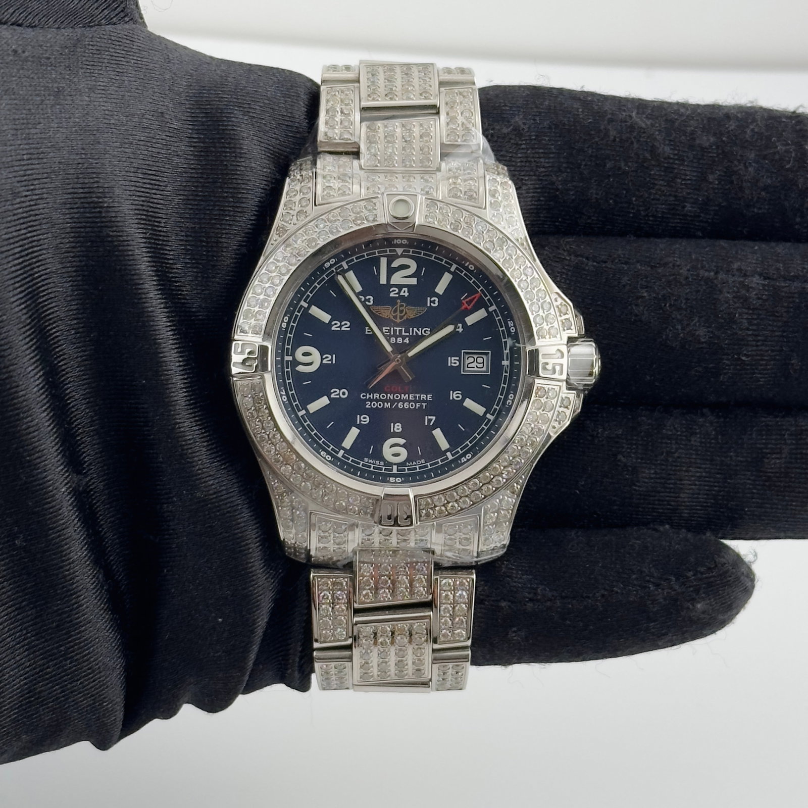 Breitling Colt A74388 Blue Dial Mens Watch Diamond Bezel and Bracelet: Breitling Colt A74388 Blue Dial Mens Watch Diamond Bezel and Bracelet This Breitling Colt men's watch features a blue dial, a diamond-set bezel, and a diamond bracelet. The reference number for this t