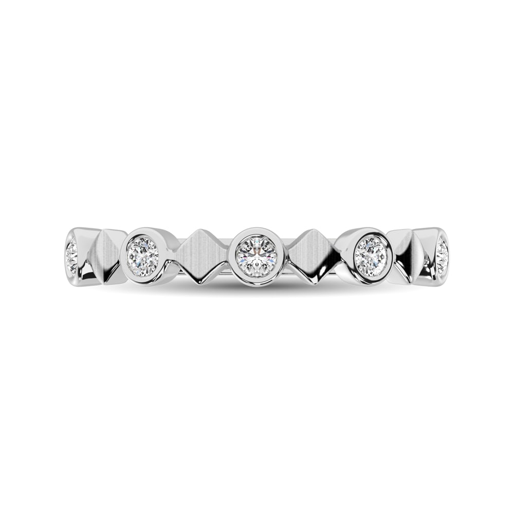 14K White Gold 1/6 Ct.Tw. Diamond Bezel Set Stackable Band: 14K White Gold 1/6 Ct.Tw. Diamond Bezel Set Stackable Band This amazing ring is available in 14K White Gold. There are 5 round diamonds with a total carat weight of 1/6 Ct.Tw. set in a Bezel setting. 