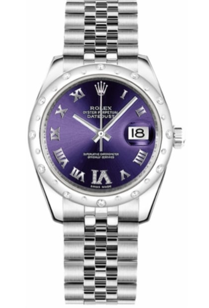 Rolex Datejust 178344 Ladies Watch Purple Roman Dial Diamond Bezel Jubilee Bracelet 2021: Rolex Datejust 178344 Ladies Watch Purple Roman Dial Diamond Bezel Jubilee Bracelet 2021 This ladies Rolex Datejust wristwatch features a striking purple Roman numeral dial and a smooth diamond-set be