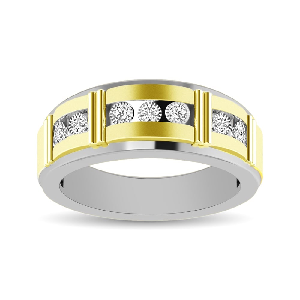 10K Two Tone 1/10 Ct.Tw. Diamond 7 stone Mens Band: 10K Two Tone 1/10 Ct.Tw. Diamond 7 stone Mens Band This glamorous Men?s Band is available in 10K White Gold and Yellow Gold. There are 7 round diamonds with a total carat weight of 1/10 Ct.Tw. set in 