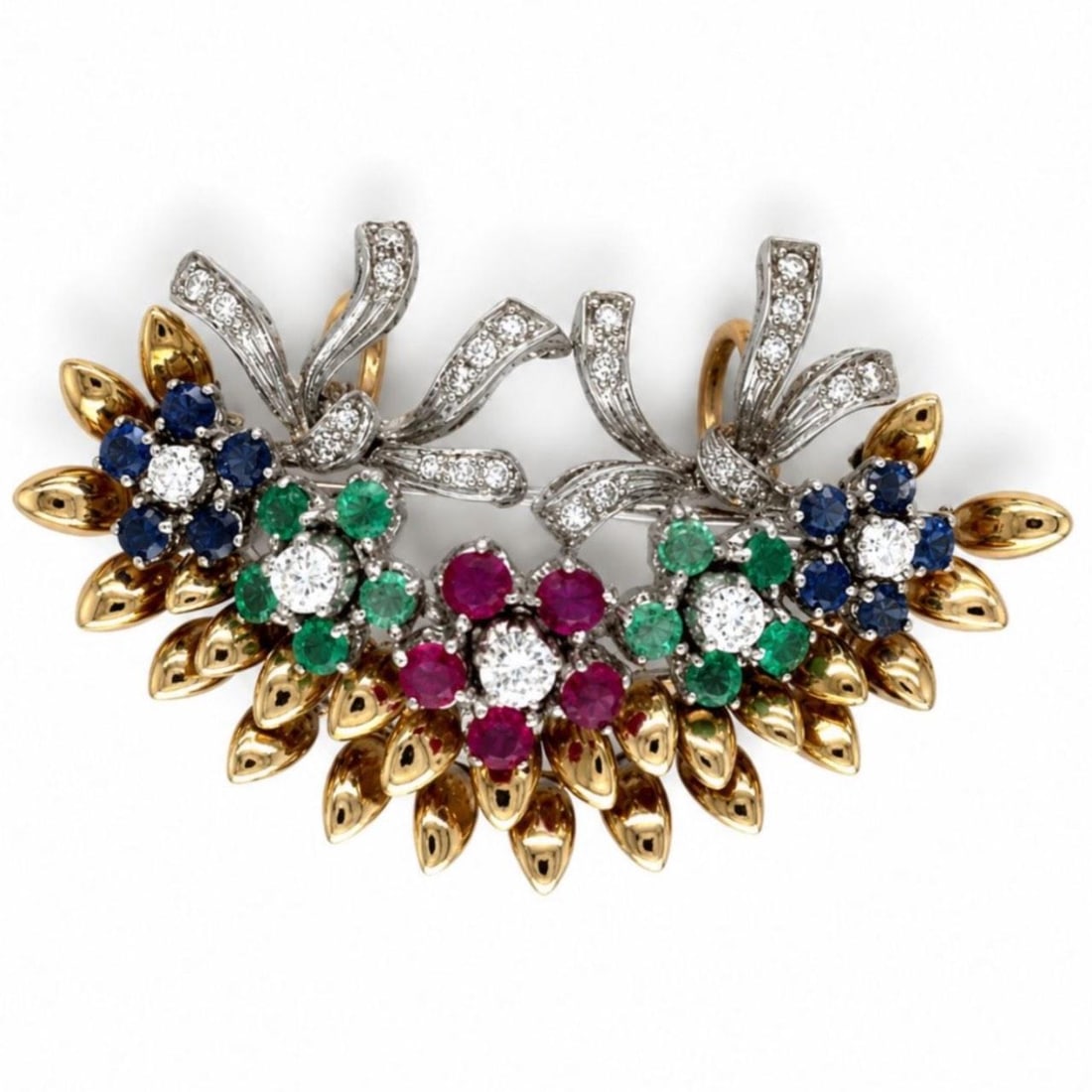 18K Yellow Gold 1960s Diamond Gemstone Brooch Pendant: 18K Yellow Gold 1960s Diamond Gemstone Brooch Pendant This 1960s brooch and pendant is crafted from 18K yellow gold and features an elegant combination of diamonds, rubies, emeralds, and sapphires. Th