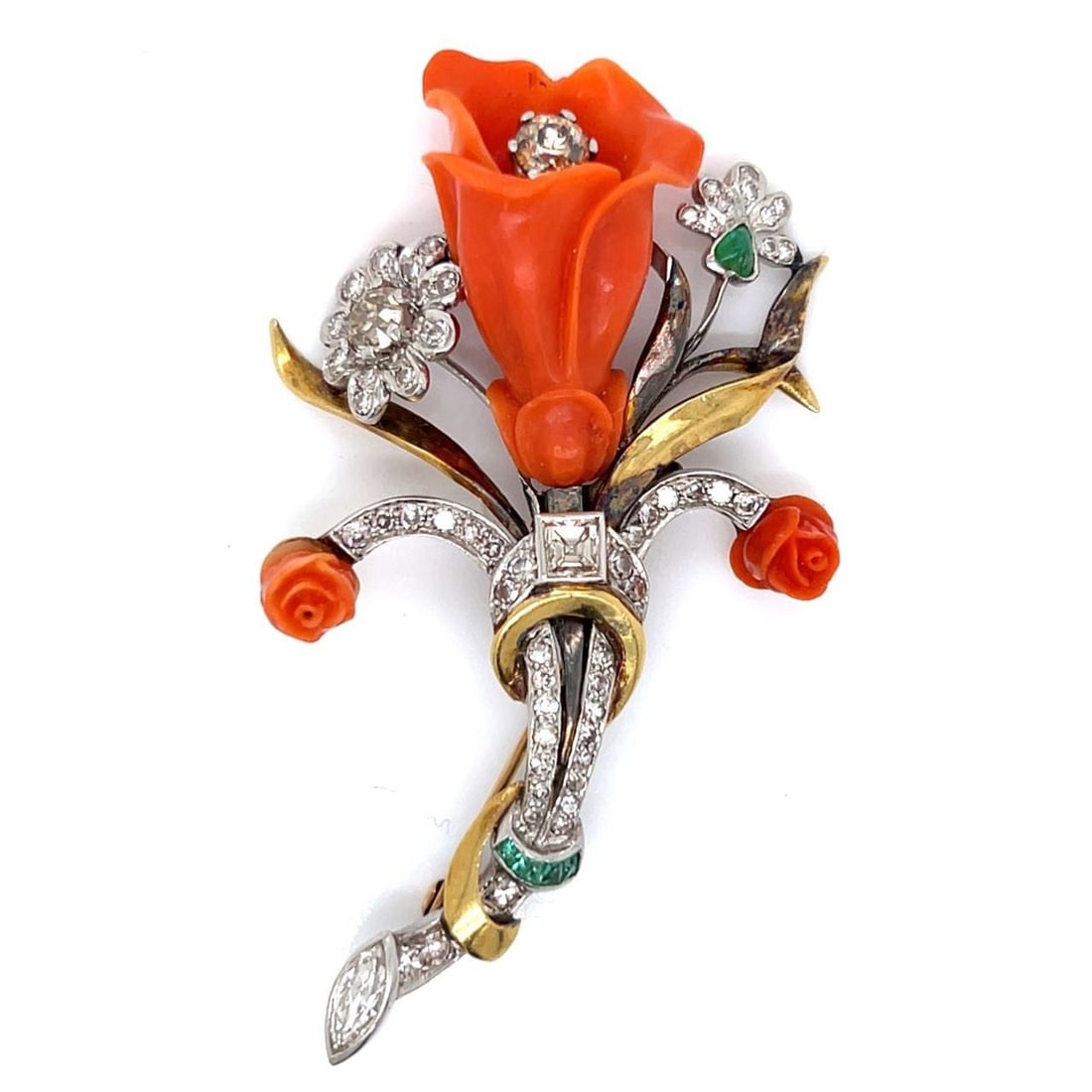 Art Deco Platinum 18K Gold Flower Brooch with Diamonds and Emeralds: Art Deco Platinum 18K Gold Flower Brooch with Diamonds and Emeralds This exquisite Art Deco brooch showcases a stunning combination of platinum and 18K yellow gold, adorned with a vibrant floral desig
