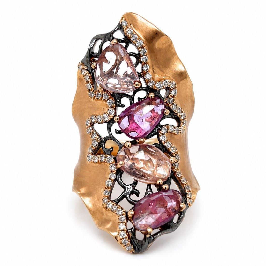 18K Gold Ring with 4 Sapphires and Diamonds Size 6.5: 18K Gold Ring with 4 Sapphires and Diamonds Size 6.5 This elegant ring is crafted from 18K yellow gold and features four sapphires with a total stamped weight of 4.00 carats. Accenting the sapphires a