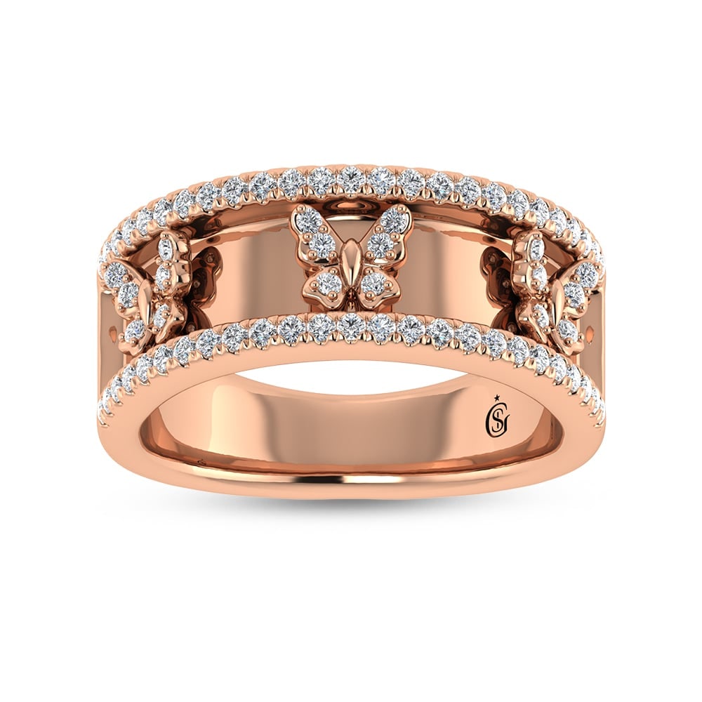 14K Rose Gold Diamond 1/3 Ct.Tw. Butterfly Fashion Ring: 14K Rose Gold Diamond 1/3 Ct.Tw. Butterfly Fashion Ring 14k Rose Gold Stone Color: G-h Stone Clarity: Si1 Each ring is presented in standard size 6.5. Complimentary resizing is available between
