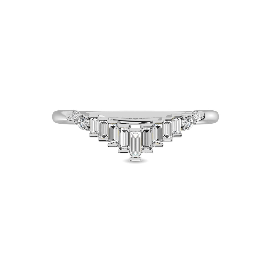 Diamond 1/5 Ct.tw Round and Baguette Chevron Band in 10K White Gold: Diamond 1/5 Ct.tw Round and Baguette Chevron Band in 10K White Gold 10k White Gold Stone Color: Gh Stone Clarity: Si2 Each ring is presented in standard size 6.5. Complimentary resizing is available