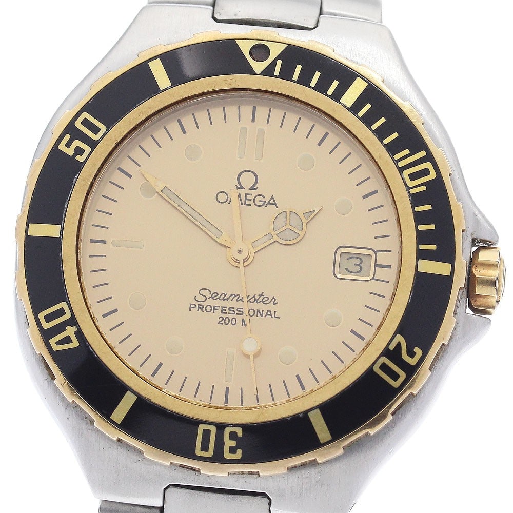 OMEGA Seamaster 200 Quartz Date Men's Wristwatch YG Bezel: OMEGA Seamaster 200 Quartz Date Men's Wristwatch YG Bezel This OMEGA Seamaster 200 men's wristwatch features a stainless steel and yellow gold bezel, paired with a gold dial and stainless steel bracel
