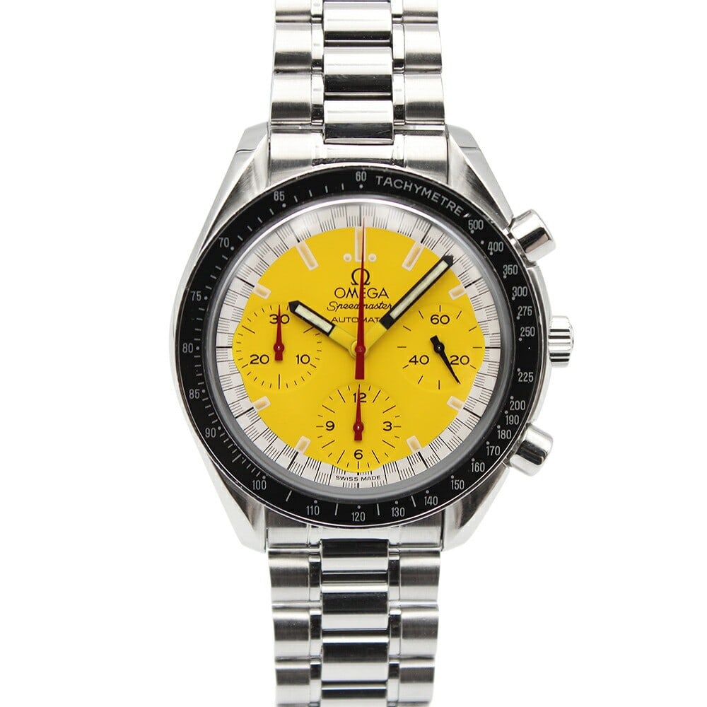 OMEGA Schumacher Yellow Dial 39mm Men's Wristwatch 3510.12 Box Manual: OMEGA Schumacher Yellow Dial 39mm Men's Wristwatch 3510.12 Box Manual This OMEGA Speedmaster Schumacher 3510.12 men's wristwatch features a striking yellow dial with bar index markers. Crafted in Swit