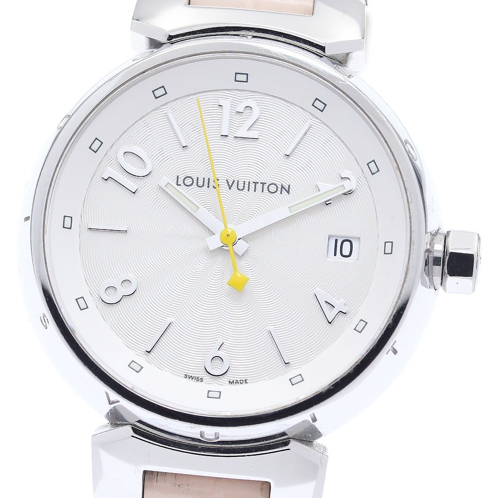 Louis Vuitton Tambour Hologram quartz date ladies wristwatch Q1313: Louis Vuitton Tambour Hologram quartz date ladies wristwatch Q1313 This Louis Vuitton Q1313 Tambour Hologram Date Quartz ladies wristwatch features a stainless steel case paired with a leather strap a