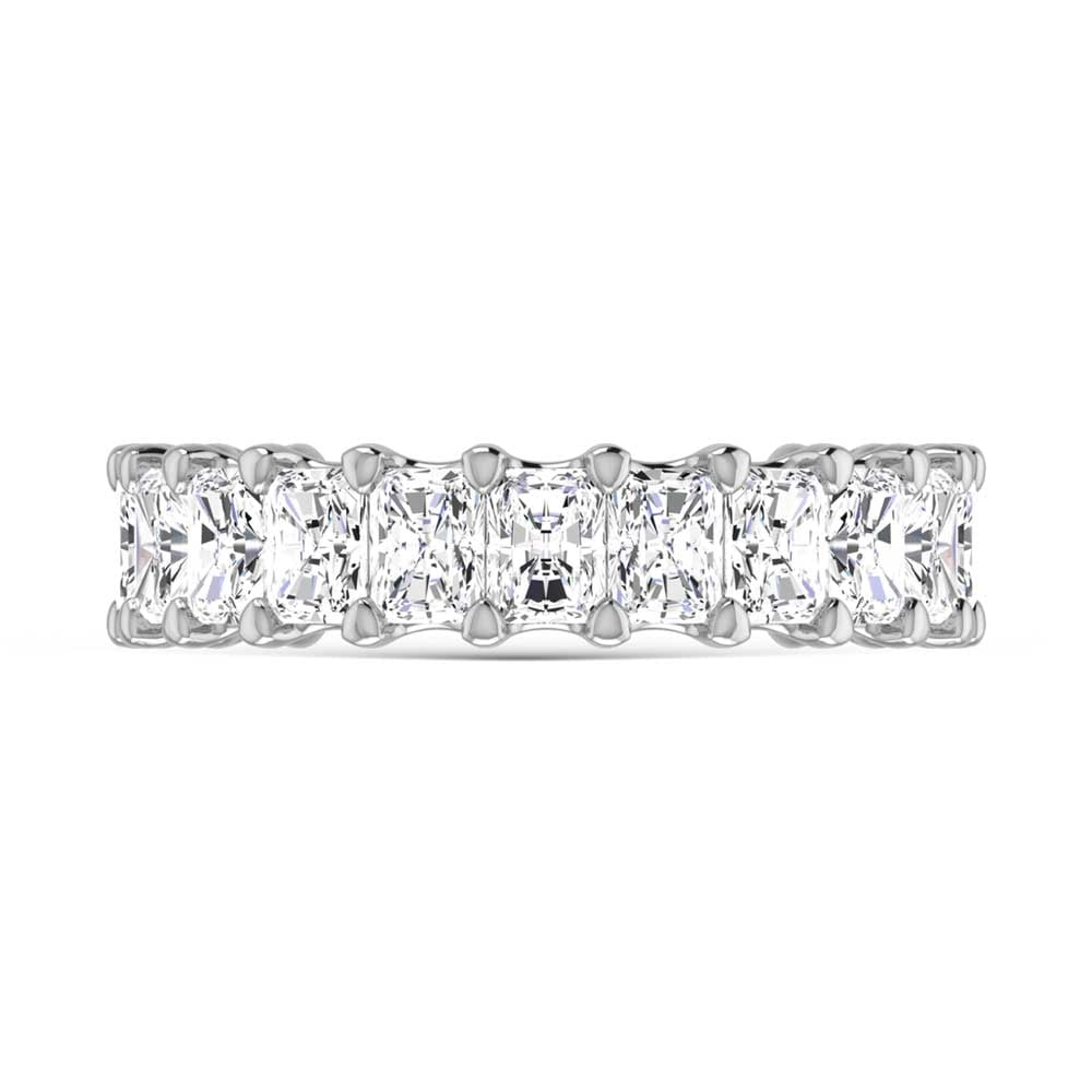 18K White Gold 6 7/8 CT Tw. Radiant Shape Lab Grown Diamond Three Forth Eternity Band: 18K White Gold 6 7/8 CT Tw. Radiant Shape Lab Grown Diamond Three Forth Eternity Band 18k White Gold Stone Color: F Stone Clarity: Vs Each ring is presented in standard size 6.5. Complimentary resizin