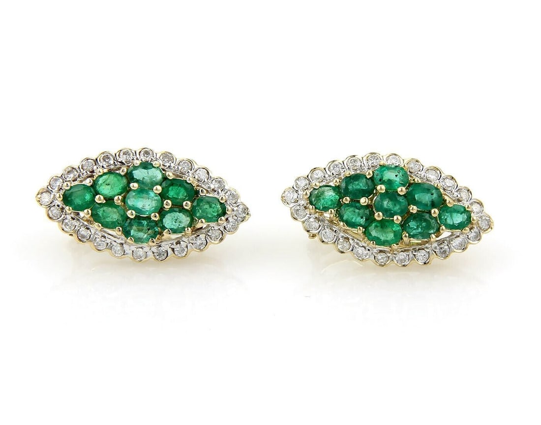 Vintage 14K Yellow Gold Huggie Cluster Earrings with Emeralds and Diamonds (1 of 5)