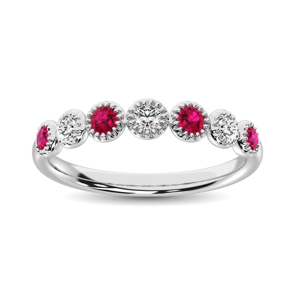 Diamond 1/5 Ct.Tw. And Ruby Stack Band in 14K White Gold ( 3 Diamond and 4 Ruby ): Diamond 1/5 Ct.Tw. And Ruby Stack Band in 14K White Gold ( 3 Diamond and 4 Ruby ) 14k White Gold Stone Color: G-h Stone Clarity: I1 Each ring is presented in standard size 6.5. Complimentary resizing 