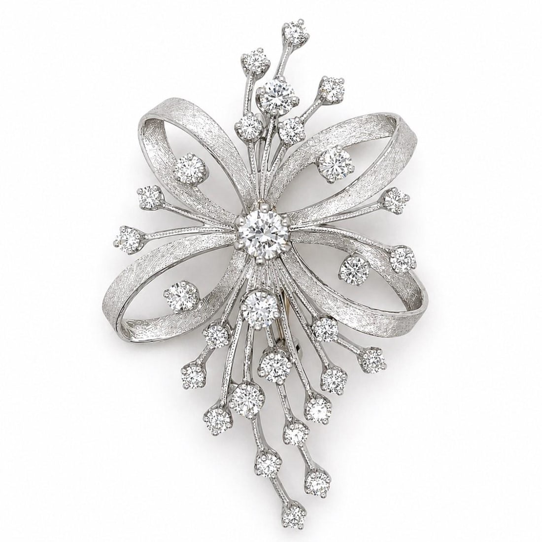 Platinum Art Deco Brooch with Central 0.45 Ct Diamond and 28 Accents: Platinum Art Deco Brooch with Central 0.45 Ct Diamond and 28 Accents This Art Deco brooch is crafted from platinum and features a center diamond weighing 0.45 carats. It is further adorned with 28 add