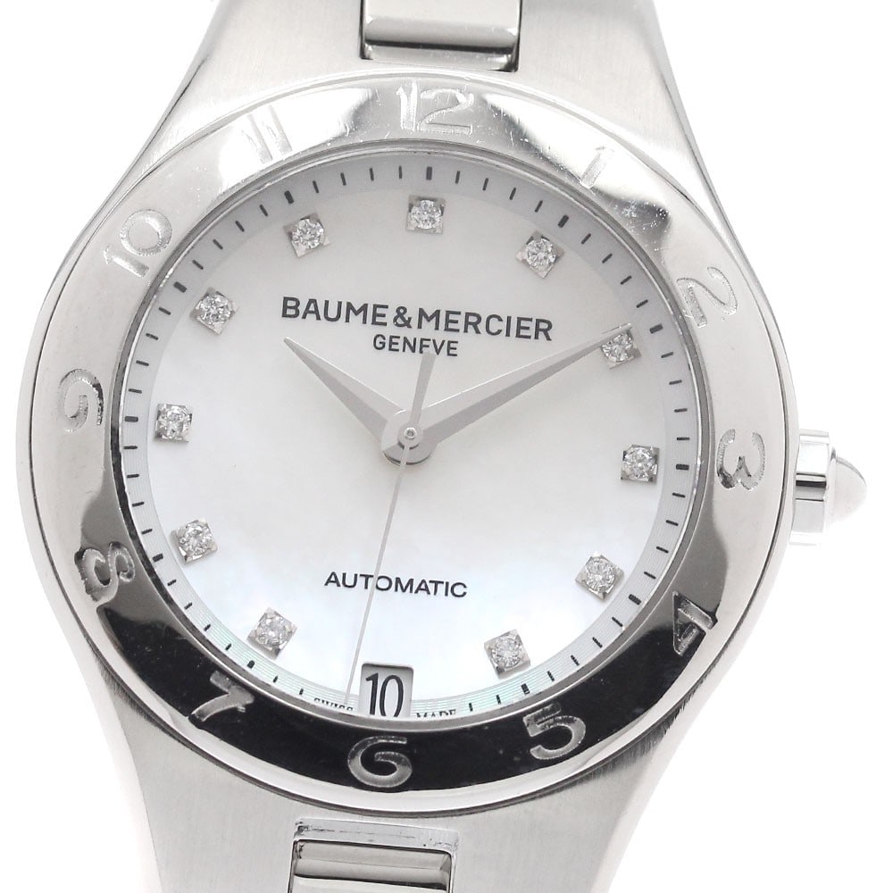 Baume Mercier Linea Date Women s Stainless Steel Automatic Watch MOA10074: Baume Mercier Linea Date Women s Stainless Steel Automatic Watch MOA10074 This Baume & Mercier Linea Date ladies wristwatch features a stainless steel case and bracelet with a white mother-of-pearl di