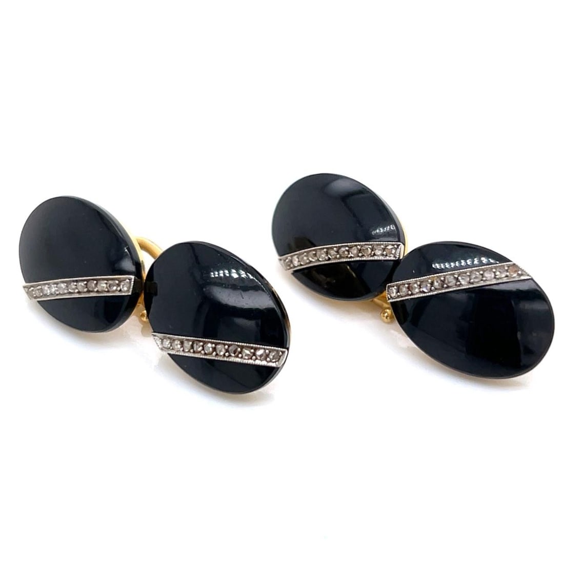 Diamond and Onyx Cufflinks in Art Deco 18K Yellow Gold with Hallmarks: Diamond and Onyx Cufflinks in Art Deco 18K Yellow Gold with Hallmarks These Art Deco cufflinks are crafted in 18K yellow gold and feature 44 rose-cut diamonds with an approximate total weight of 0.60 