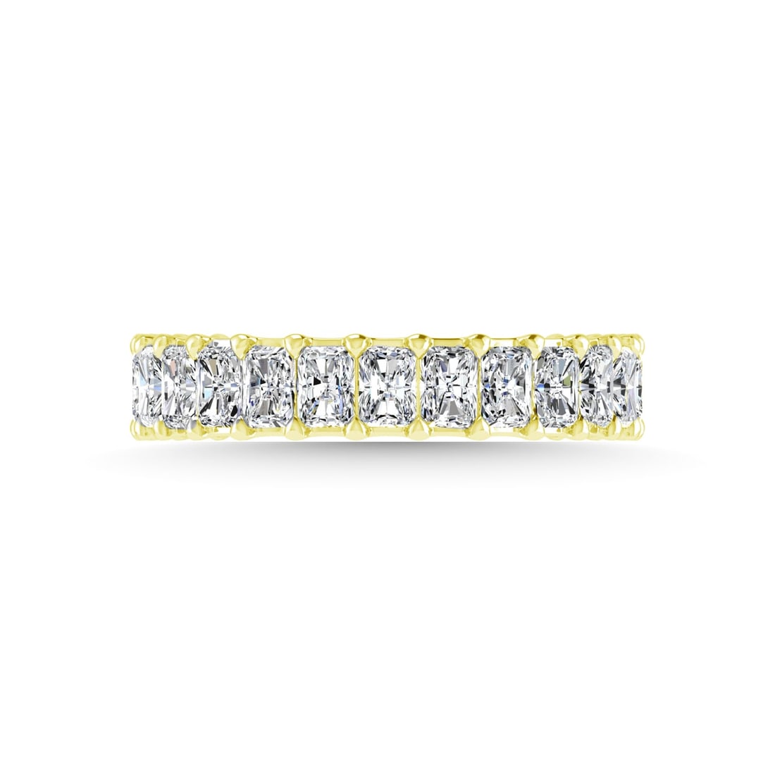 14K Yellow Gold 3 3/4 CT Tw. Emerald Shape Diamond Three Forth Eternity Band: 14K Yellow Gold 3 3/4 CT Tw. Emerald Shape Diamond Three Forth Eternity Band 14k Yellow Gold Stone Color: G-h Stone Clarity: Si Each ring is presented in standard size 6.5. Complimentary resizing is a