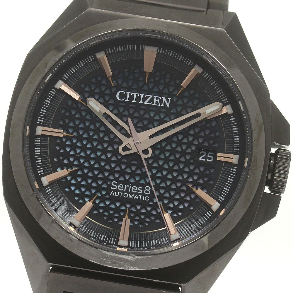 Citizen Series Eight Automatic Date Men's Stainless Steel Watch: Citizen Series Eight Automatic Date Men's Stainless Steel Watch This CITIZEN Series 8 Date men's wristwatch features a stainless steel case and band, with a black and shell dial. The watch is powered 