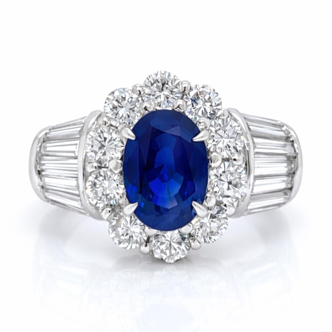 GIA Certified Platinum Ring with 2.21ct Ceylon No-Heat Sapphire and Diamonds: GIA Certified Platinum Ring with 2.21ct Ceylon No-Heat Sapphire and Diamonds This platinum ring features a GIA certified 2.21 carat Ceylon no-heat sapphire as its centerpiece. The ring is further ador