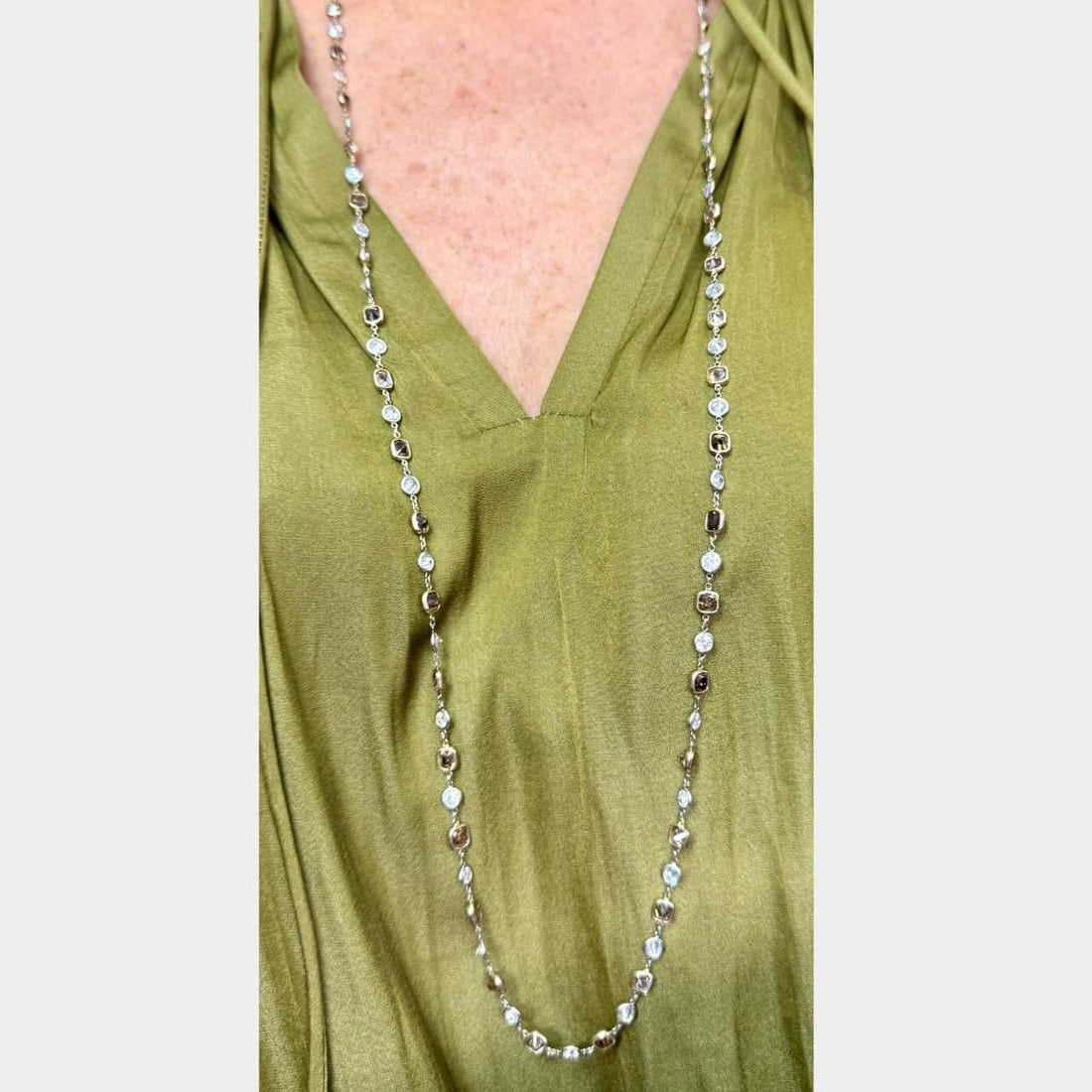 Stunning 34.25 Ct Fancy Color Diamond Necklace Platinum 18K Gold: Stunning 34.25 Ct Fancy Color Diamond Necklace Platinum 18K Gold This exquisite necklace features a stunning arrangement of 34.25 carats of fancy color diamonds by the yard. It is elegantly mounted wi