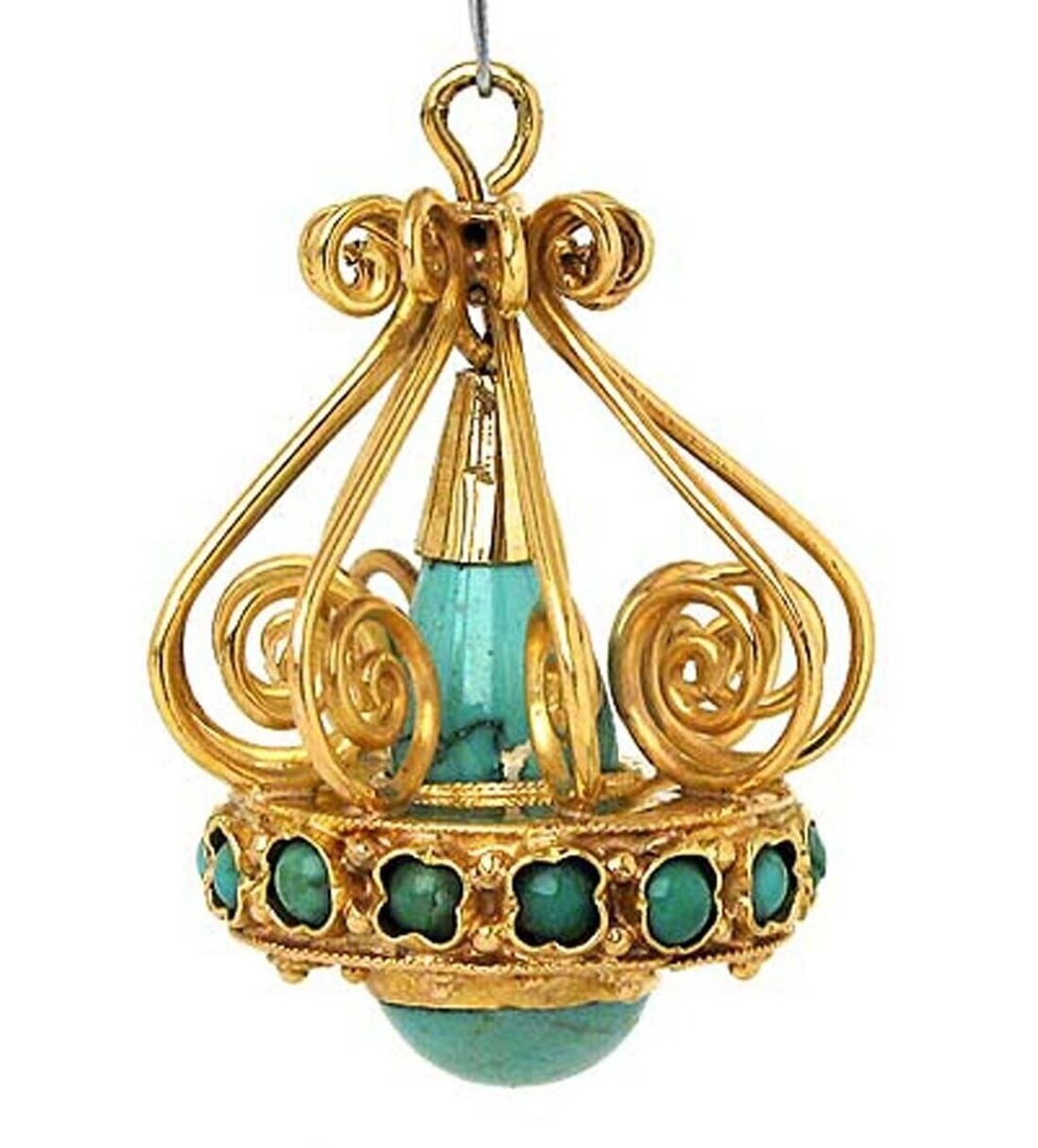 Vintage Turquoise 18k Yellow Gold Chandelier Charm Pendant: Vintage Turquoise 18k Yellow Gold Chandelier Charm Pendant This vintage chandelier charm pendant is expertly handcrafted from solid 18k yellow gold and features ornate filigree and intricate scroll wi