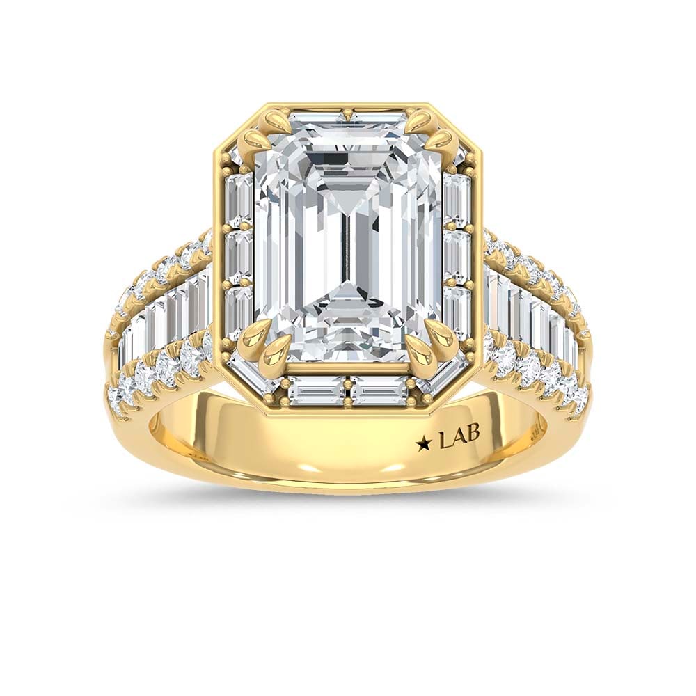 14K Yellow Gold Lab Grown Diamond 6 1/4 Ct.Tw. Emerald Shape Engagement Ring (IGI Certified Center: 14K Yellow Gold Lab Grown Diamond 6 1/4 Ct.Tw. Emerald Shape Engagement Ring (IGI Certified Center 5ct Emerald) Make a bold statement with this luxurious 14K Yellow gold engagement ring, featuring a b