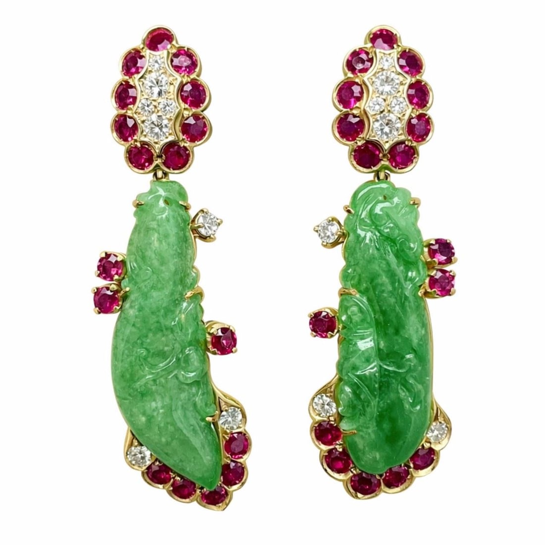 F Moroni Roma 18K Gold Ruby Jade Diamond Earrings: F Moroni Roma 18K Gold Ruby Jade Diamond Earrings These elegant earrings feature a sophisticated combination of GIA certified carved jade, 18K yellow gold, Burma rubies, and diamonds. Each earring is 