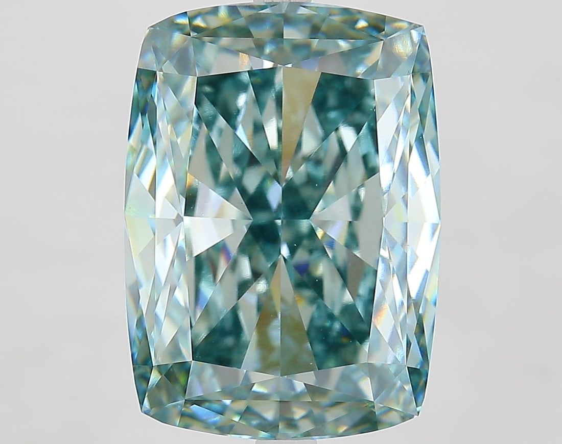 Loose Diamond - CUSHION MODIFIED 11.57ct Fancy Intense Blue Green VVS2: Loose Diamond - CUSHION MODIFIED 11.57ct Fancy Intense Blue Green VVS2 Source: This is a real non-mined Diamond that has been grown in a lab Shape: CUSHION MODIFIED Carats: 11.57 Color: Fancy Intense