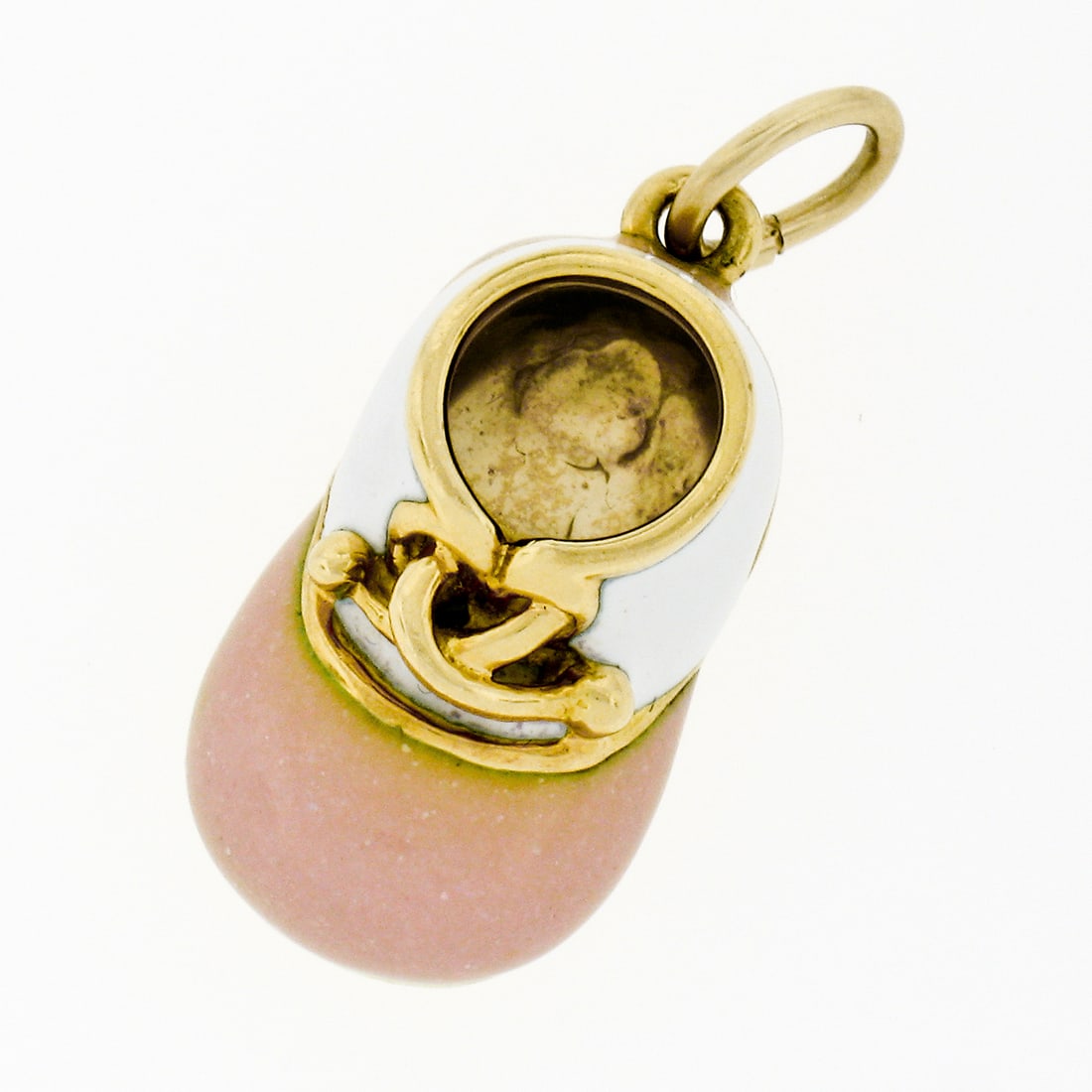 Vintage Felix Vollman 18k Gold White Pink Enamel Baby Shoe Pendant: Vintage Felix Vollman 18k Gold White Pink Enamel Baby Shoe Pendant Discover this charming vintage baby shoe pendant by Felix Vollman, beautifully crafted from solid 18k yellow gold. This delightful pe