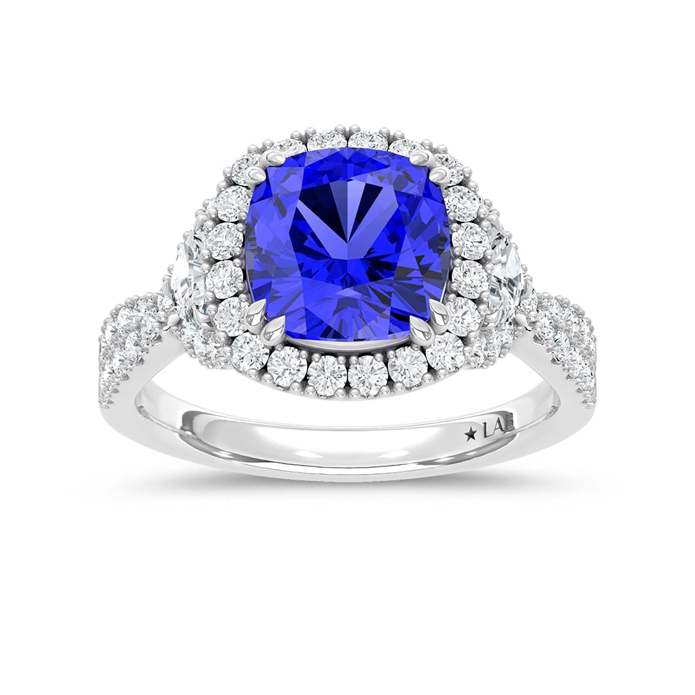 14K White Gold Lab Grown Diamond 3 5/8 Ct.Tw. Cushion Shape Recrystalized Blue Sapphire Engagement: 14K White Gold Lab Grown Diamond 3 5/8 Ct.Tw. Cushion Shape Recrystalized Blue Sapphire Engagement Ring (Center 2 3/4 ct) Exude timeless elegance with this 14K white gold engagement ring, featuring a 