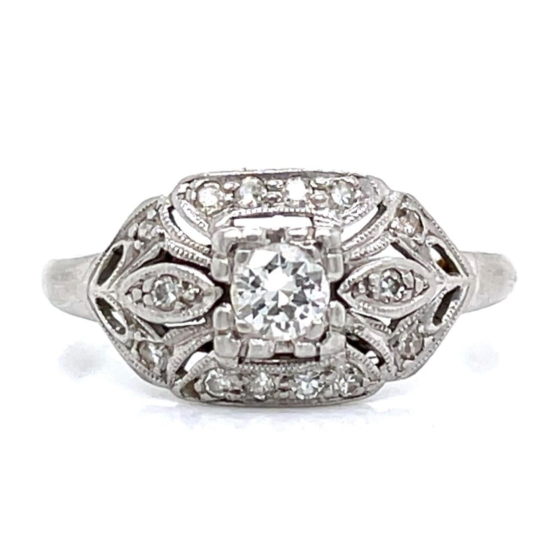 Art Deco Platinum Ring with 0.30 Ct Diamond and 14 Smaller Diamonds: Art Deco Platinum Ring with 0.30 Ct Diamond and 14 Smaller Diamonds This exquisite Art Deco ring is crafted in luxurious platinum and features a stunning central diamond weighing approximately 0.30 Ct