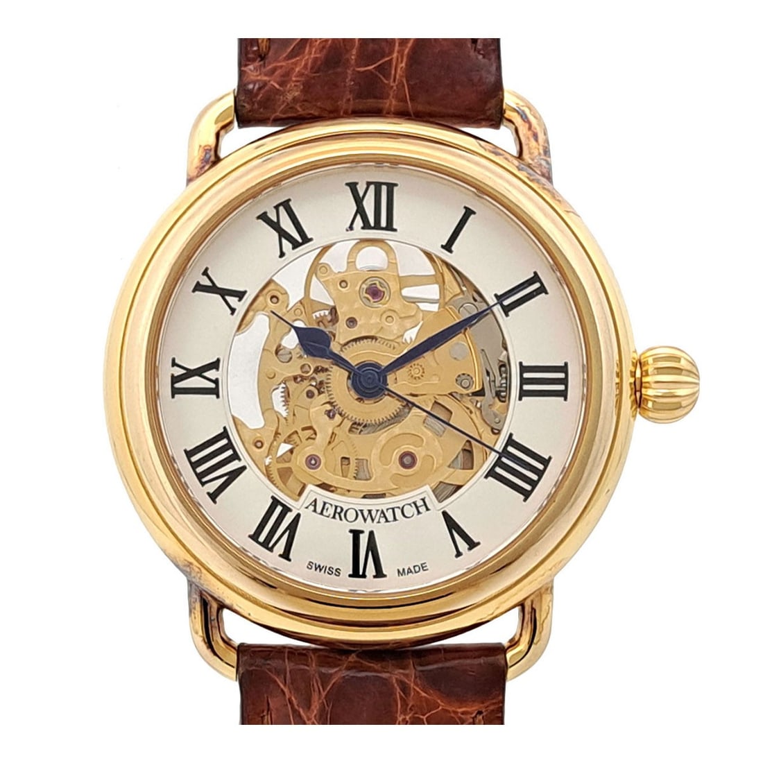 Aerowatch 60900-2 Automatic Skeleton Gold-Plated Men's Watch: Aerowatch 60900-2 Automatic Skeleton Gold-Plated Men's Watch This Aerowatch Round Skeleton 60900-2 men's watch features a gold-plated case and an automatic movement. The dial showcases a skeleton desi