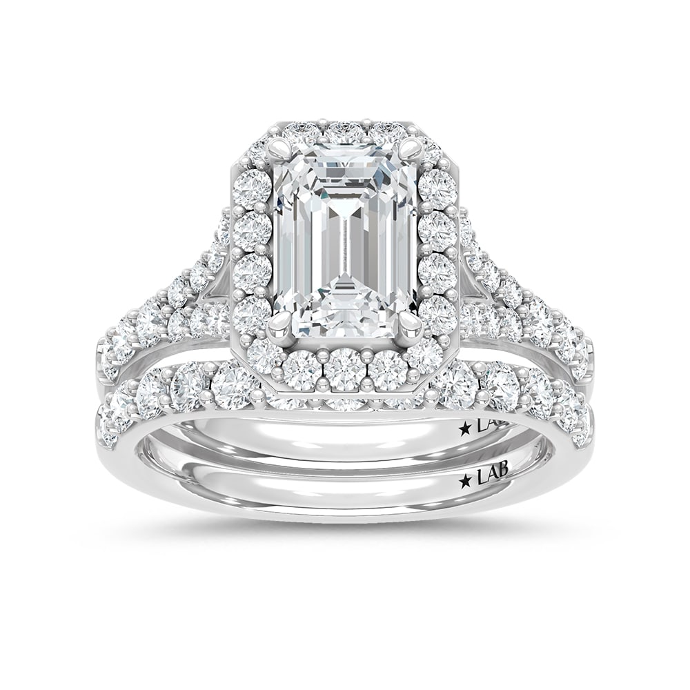 14K White Gold 3 Ct.Tw. Lab Grown Diamond Emerald Shape Bridal Ring (IGI Certified Center 2ct: 14K White Gold 3 Ct.Tw. Lab Grown Diamond Emerald Shape Bridal Ring (IGI Certified Center 2ct Emerald) 14k White Gold Stone Color: D-f Stone Clarity: Vs Each ring is presented in standard size 6.5. Co