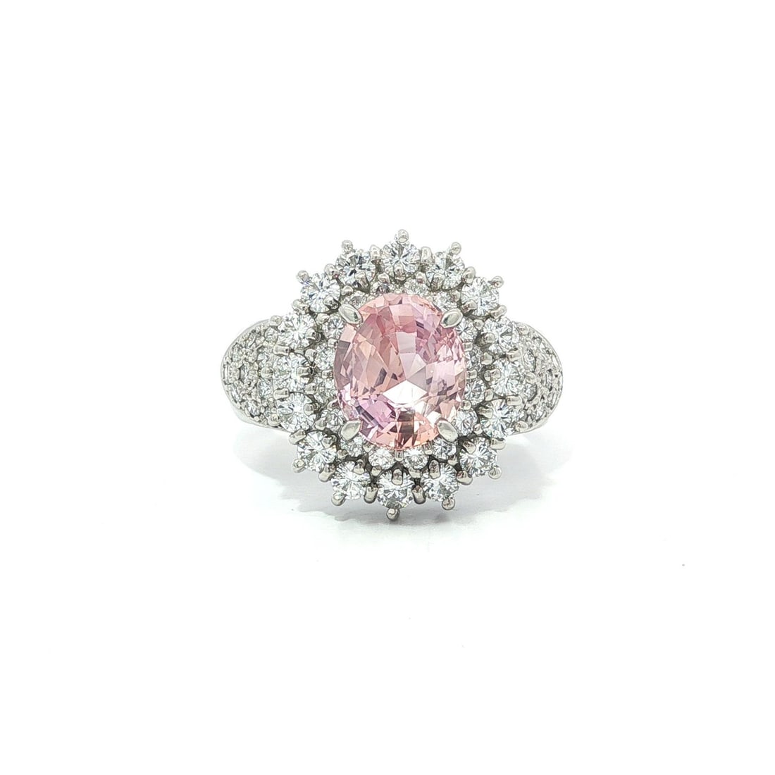 Platinum 4.01ct GIA No Heat Ceylon Padparadscha Sapphire Diamond Cocktail Ring: Platinum 4.01ct GIA No Heat Ceylon Padparadscha Sapphire Diamond Cocktail Ring This exquisite cocktail ring features a stunning 2.67ct natural Padparadscha sapphire, showcasing a captivating color shi