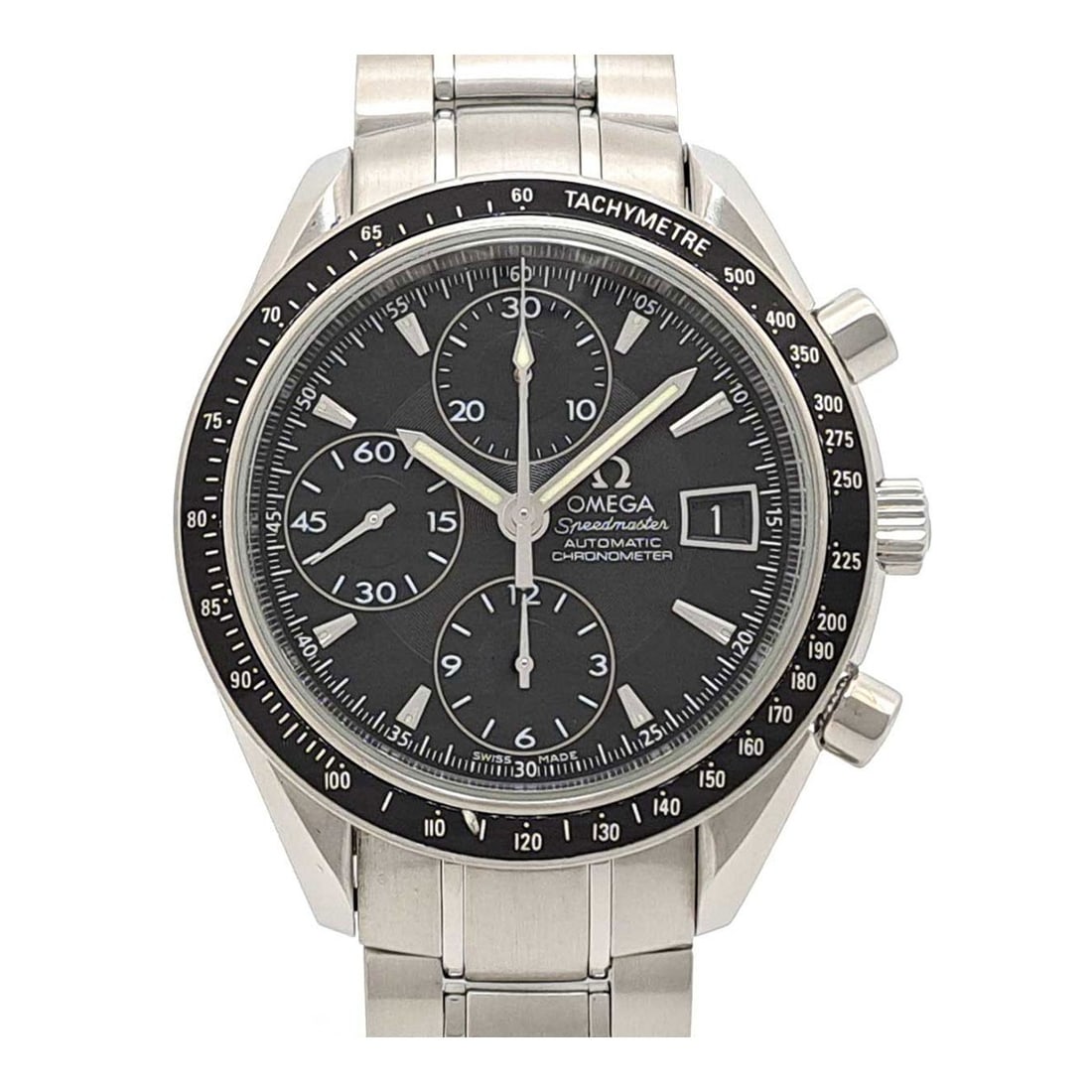 Omega Speedmaster Date 3210.50 Automatic Black Dial Box: Omega Speedmaster Date 3210.50 Automatic Black Dial Box This OMEGA Speedmaster Date 3210.50 is a Swiss-made automatic men's wristwatch featuring a stainless steel case and bracelet. The watch has a bl