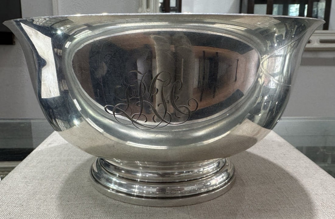 10 Inch Sterling Silver Bowl Paul Revere Reproduction by Cartier with Monogram: 10 Inch Sterling Silver Bowl Paul Revere Reproduction by Cartier with Monogram This Cartier Paul Revere reproduction bowl is crafted from .925 sterling silver and features a classic round shape. The b