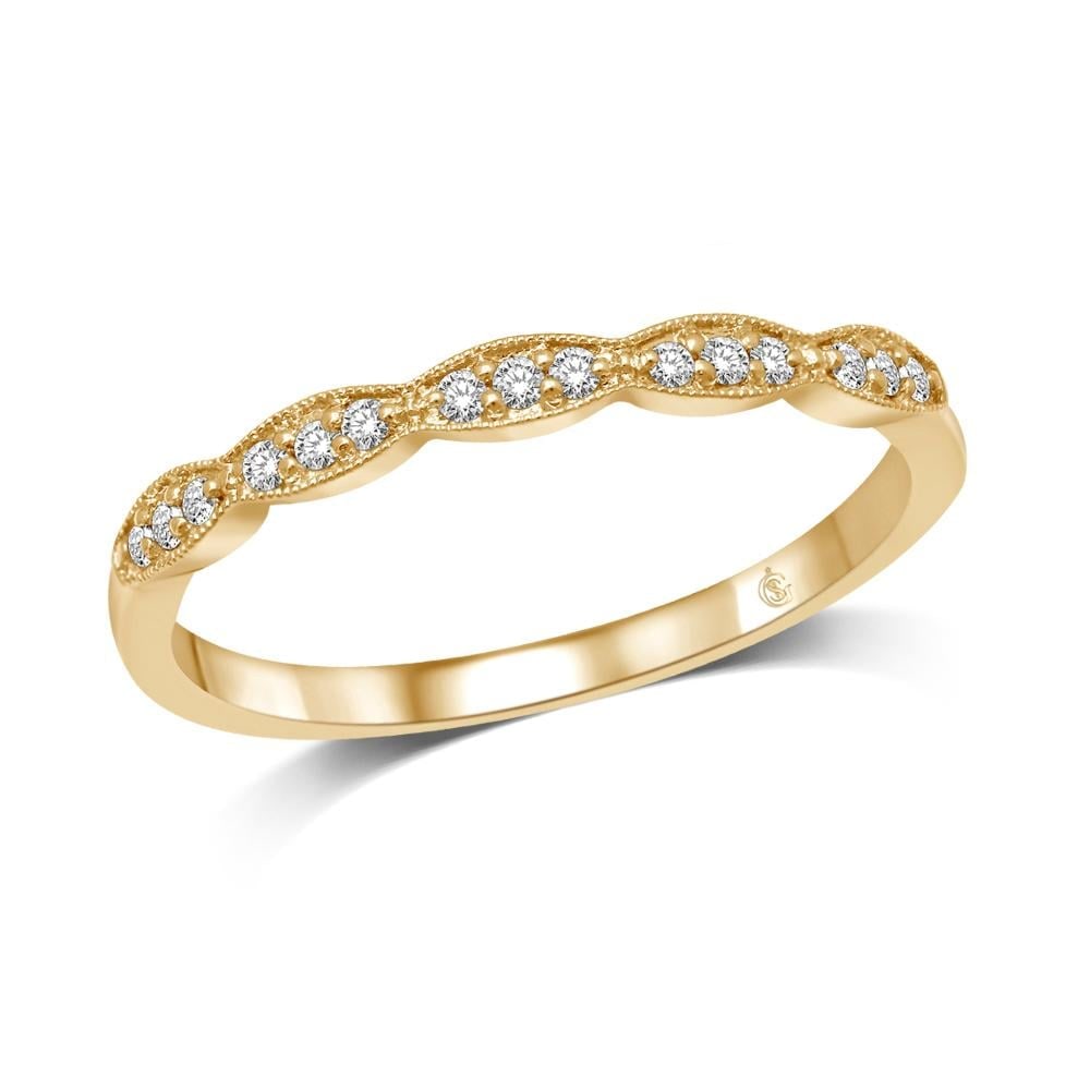 14K Yellow Gold 1/10 Ct.Tw. Diamond Stackable Band: 14K Yellow Gold 1/10 Ct.Tw. Diamond Stackable Band This Amazing Stackable band Is Available In 14K Yellow Gold. There Are 15 Round Diamonds With A Total Carat Weight Of 1/10 Ct.Tw. Set In A Shared Pro