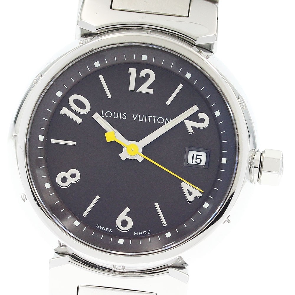 Louis Vuitton Tambour Quartz Date Womens Steel Watch Q1212: Louis Vuitton Tambour Quartz Date Womens Steel Watch Q1212 This Louis Vuitton Tambour Date Quartz ladies wristwatch features a stainless steel case and bracelet with a brown dial. It is equipped with 