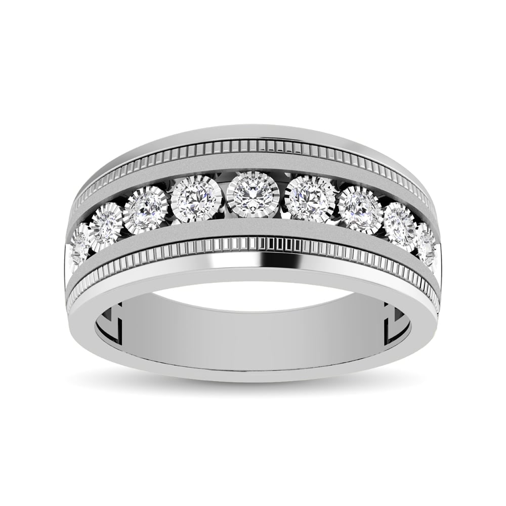 10K White Gold 1/2 Ct.Tw. Diamond 9 Stone Illusion Mens Band: 10K White Gold 1/2 Ct.Tw. Diamond 9 Stone Illusion Mens Band Surprise love of your life with 10K white gold Wedding Ring band illusion set with 9 stone of totaling Ct.Tw. For an artful final touch, th