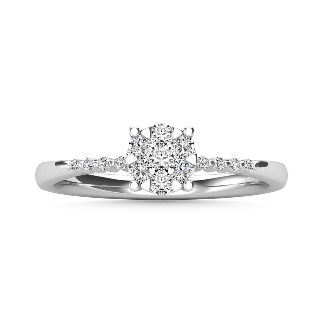 Diamond 1/4 Ct.Tw. Promise Ring in 14K White Gold: Diamond 1/4 Ct.Tw. Promise Ring in 14K White Gold 14k White Gold Stone Color: H-i Stone Clarity: I1 Each ring is presented in standard size 6.5. Complimentary resizing is available between sizes 510 (