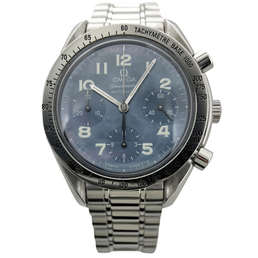 OMEGA Speedmaster Blue Mother of Pearl Automatic Chronograph 39mm: OMEGA Speedmaster Blue Mother of Pearl Automatic Chronograph 39mm This OMEGA Speedmaster 3502.73 is a pre-owned men's wristwatch featuring a 39mm stainless steel case and a striking blue mother-of-pea