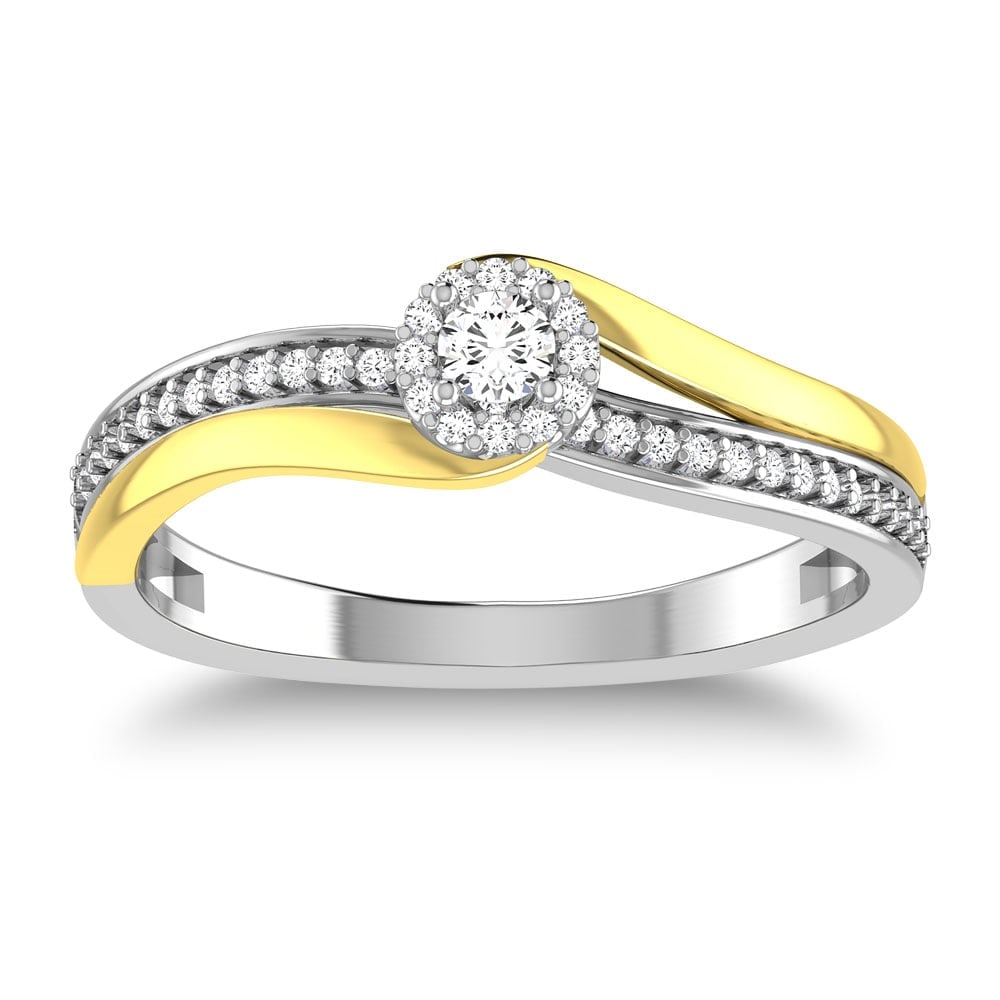 10K Two Tone 1/4 Ct.Tw. Diamond Twisted Ring: 10K Two Tone 1/4 Ct.Tw. Diamond Twisted Ring This glamorous ring is available in 10K Gold. There is 37 round diamond with a total carat weight of 1/4 Ct.Tw. set in a Prong setting. 10k Tone Gold Stone