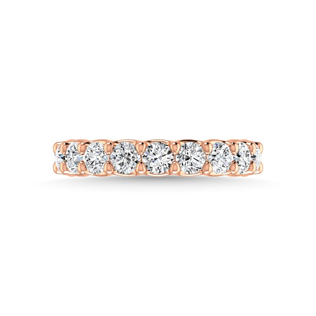 18K Rose Gold 2 1/9 CT Tw. Round Shape Lab Grown Diamond Three Forth Eternity Band: 18K Rose Gold 2 1/9 CT Tw. Round Shape Lab Grown Diamond Three Forth Eternity Band 18k Rose Gold Stone Color: F Stone Clarity: Vs Each ring is presented in standard size 6.5. Complimentary resizing is