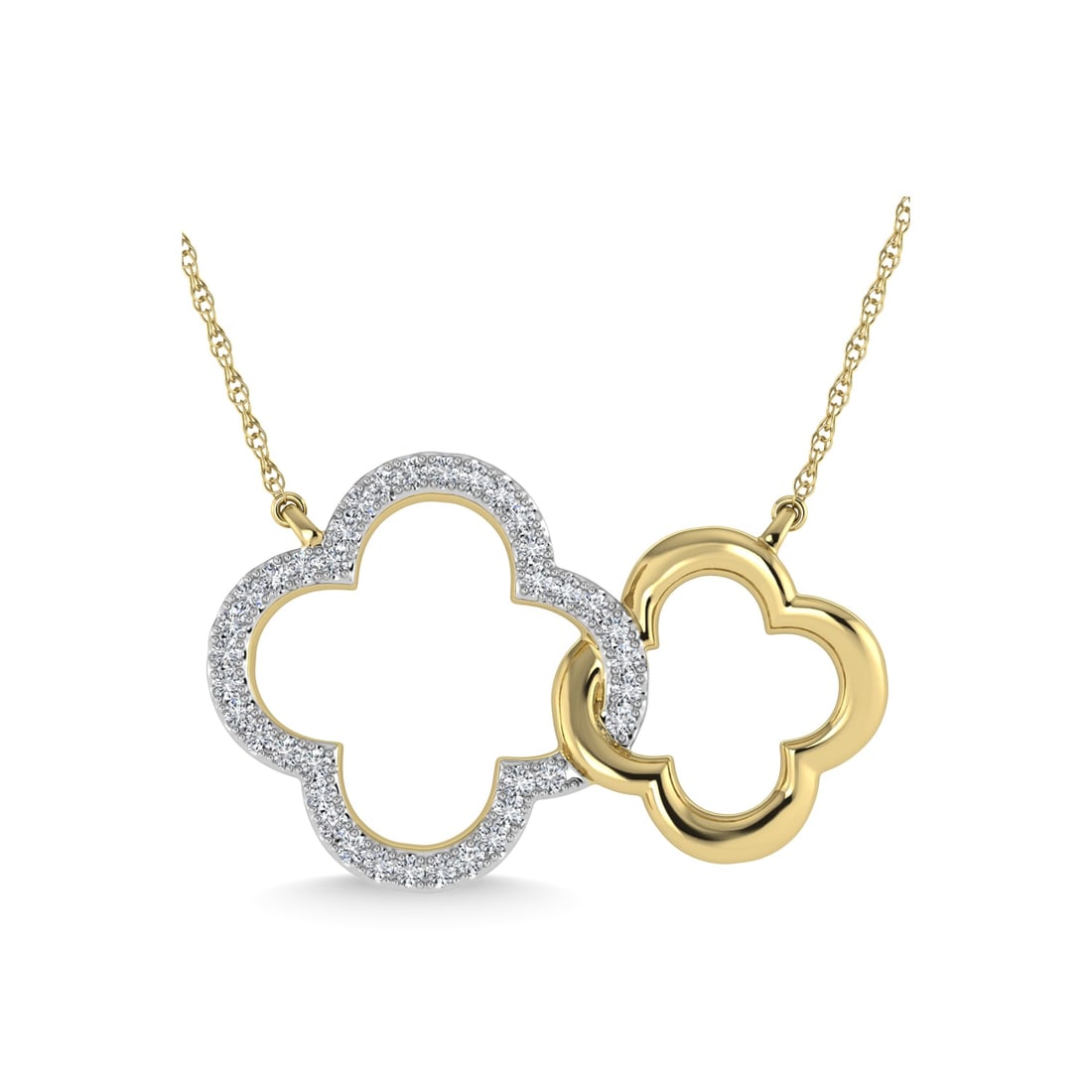 10K Two Tone 1/6 Ct.Tw. Diamond Clover Necklace: 10K Two Tone 1/6 Ct.Tw. Diamond Clover Necklace 10k Two Tone Stone Color: G-h Stone Clarity: Si2 Unless otherwise specified, pendants that include a chain are paired with our standard 18-inch length. 