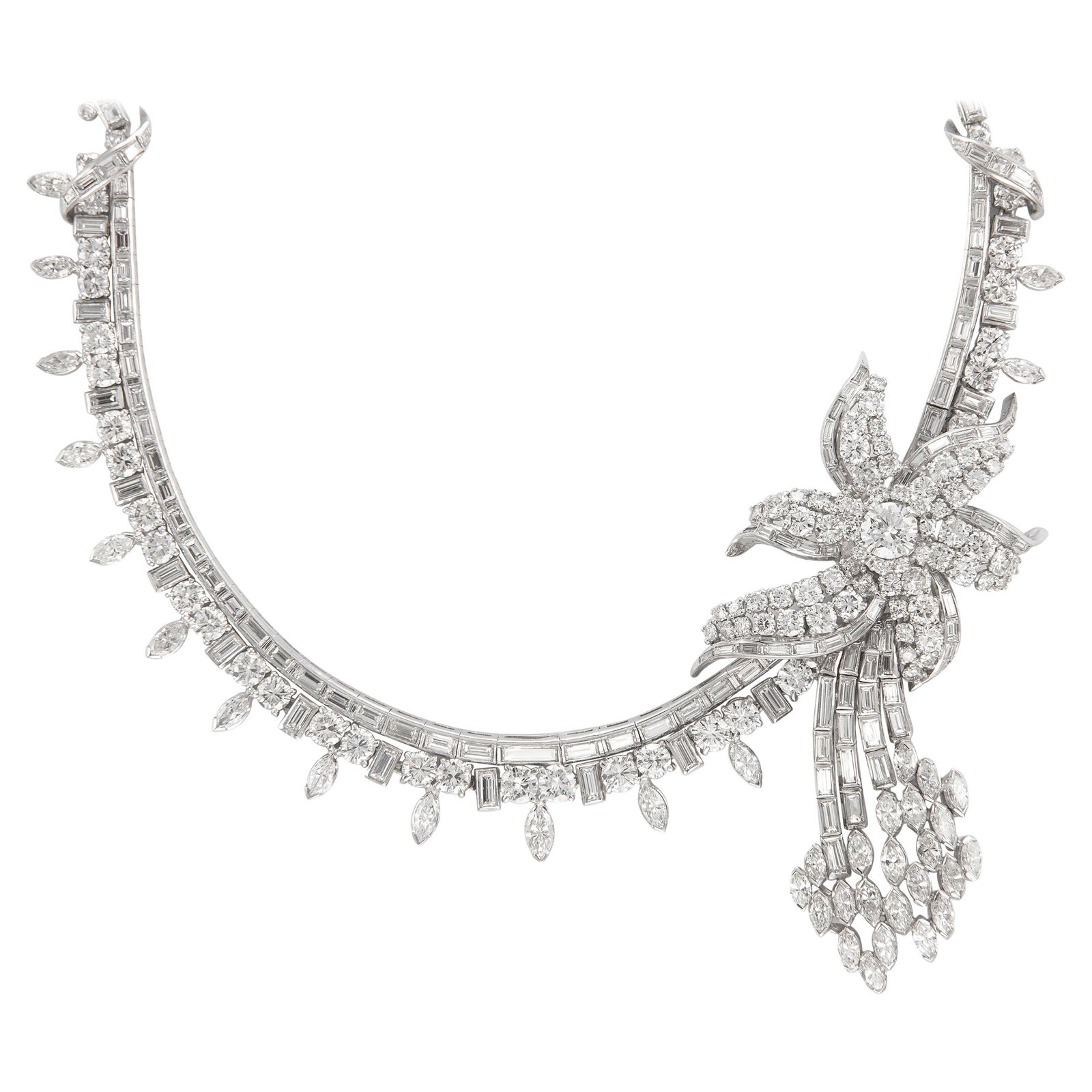 Vintage 60 Carat Diamond Floral Necklace in Platinum Edwardian Style: Vintage 60 Carat Diamond Floral Necklace in Platinum Edwardian Style This exquisite vintage floral necklace showcases a stunning array of diamonds set in luxurious platinum, epitomizing high jewelry f
