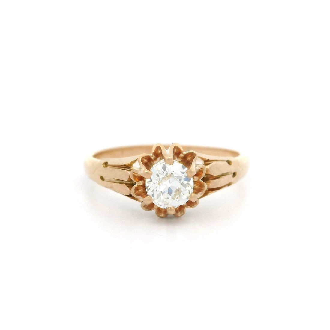 Antique Victorian 10k Gold 0.48ct Diamond Flower Ring: Antique Victorian 10k Gold 0.48ct Diamond Flower Ring This exquisite Antique Victorian ring features a stunning 0.48ct Old European Cut diamond, elegantly set in solid 10k rosy yellow gold. The diamon