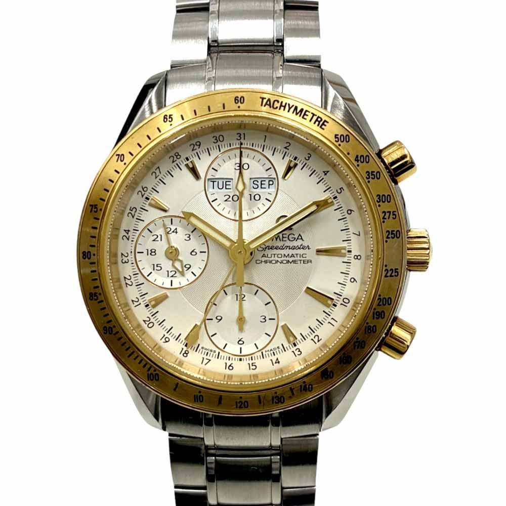 Omega Speedmaster Day Date 40mm Automatic Chronograph Silver Dial: Omega Speedmaster Day Date 40mm Automatic Chronograph Silver Dial This Omega Speedmaster Day-Date men's wristwatch features a 40mm stainless steel case accented with 18K yellow gold and a matching sta