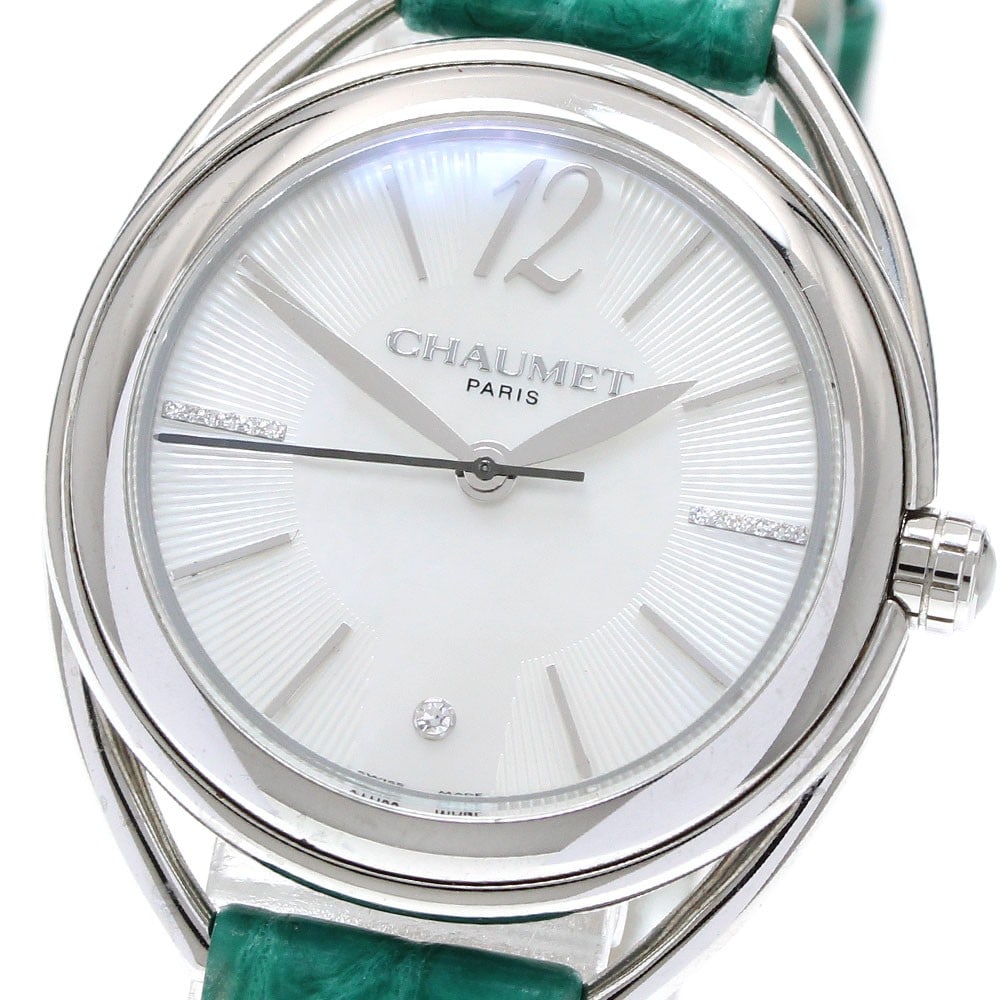 Chaumet Lien Quartz Ladies Stainless Steel Watch 2215: Chaumet Lien Quartz Ladies Stainless Steel Watch 2215 This Chaumet Lien 2215 women's wristwatch features a stainless steel case and a white shell dial, complemented by a leather strap. The watch opera