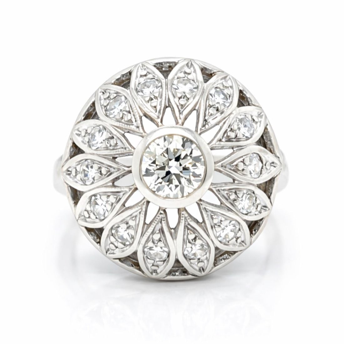 1.10 Carat Diamond Art Deco Ring in 14K White Gold: 1.10 Carat Diamond Art Deco Ring in 14K White Gold This Art Deco ring is crafted from 14K white gold and features a total diamond weight of approximately 1.10 carats. The centerpiece is a European-cut