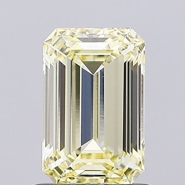 Loose Diamond - EMERALD 0.96ct Fancy Light Yellow VVS2: Loose Diamond - EMERALD 0.96ct Fancy Light Yellow VVS2 Source: This is a real non-mined Diamond that has been grown in a lab Shape: EMERALD Carats: 0.96 Color: Fancy Light Yellow Certification: IGI Vi