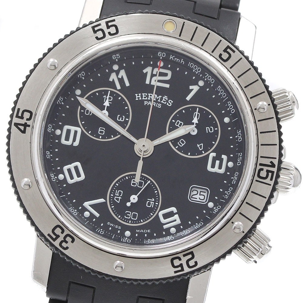 Hermes Clipper Diver CL2.915 Quartz Chronograph Date Watch: Hermes Clipper Diver CL2.915 Quartz Chronograph Date Watch This Hermes Clipper Diver Chronograph is a pre-owned men's wristwatch featuring a stainless steel case and a black dial. The watch is powered